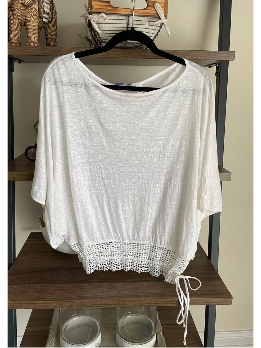 Acrobat White Crochet Hem Dolman Sleeve Top 100% Linen, Size Large